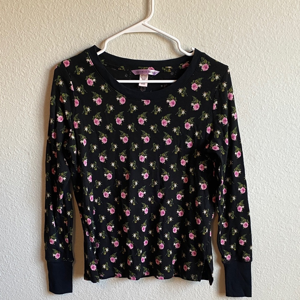 Victoria's Secret Black Pajama Top with Pink Floral Accents